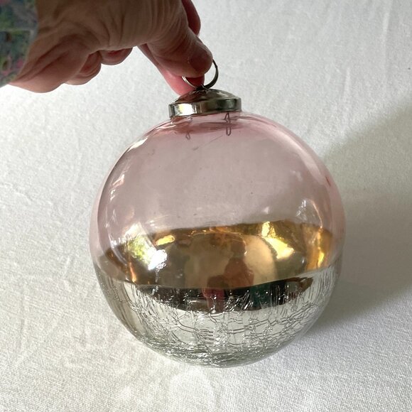 Pier 1 Pink & Silver Crackle Glass Witches Ball-Large Glass Window Ball - Picture 3 of 9